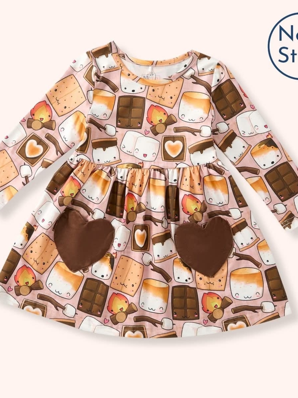 Girls Pink S'mores Print Long-Sleeve Dress with Heart Pockets